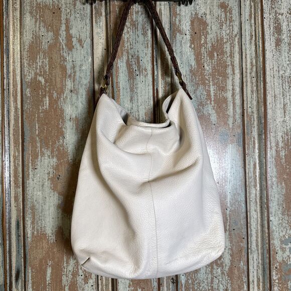 Elliott Lucca Large Cream Leather Handbag Hand Painted Peacock Feather S… - Picture 11 of 16